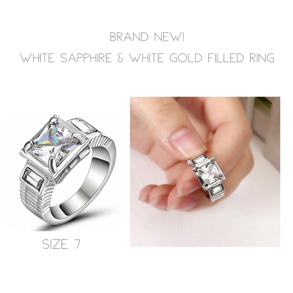 White Sapphire & White Gold Filled 3 Stone Ring